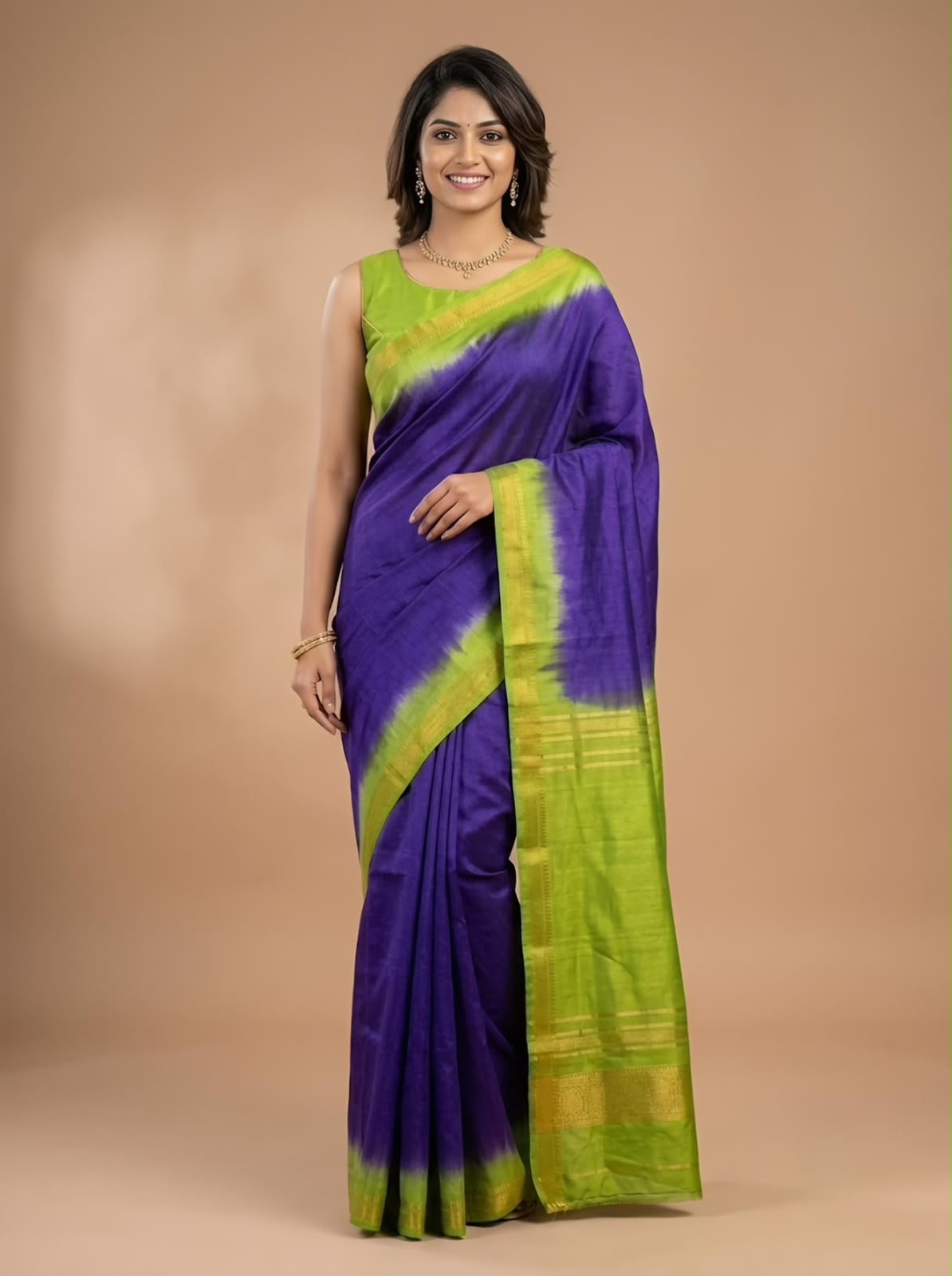 A woman modeling a purple and lime green tie-dye silk saree with a matching sleeveless blouse, set against a solid beige studio background.