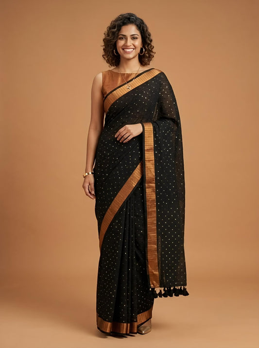 A woman modeling a black saree with gold polka dots, a wide gold border, and a matching gold blouse against a solid warm brown studio background.