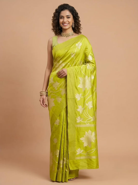 A woman modeling a bright lime green silk saree with gold floral motifs, paired with a matching sleeveless blouse, set against a solid beige studio background.