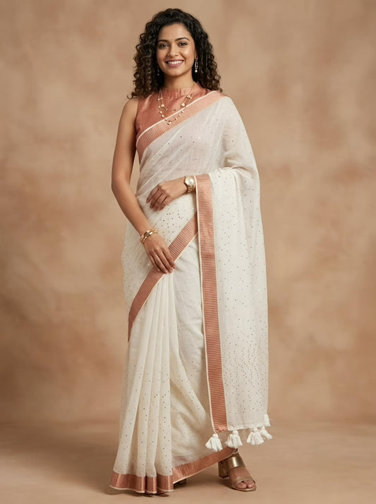 A woman modeling a white saree with a peach-pink border and pallu, standing against a warm beige studio backdrop.