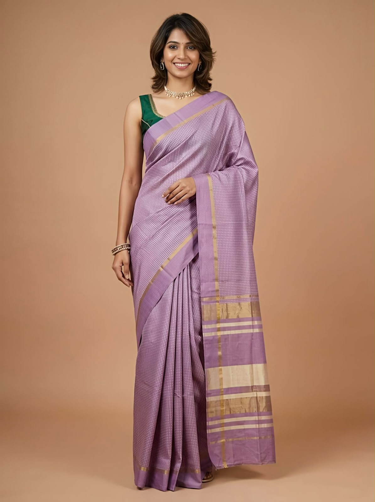 A woman modeling a lavender purple silk saree with gold zari borders and a beige and gold striped pallu, paired with a dark green blouse, against a solid beige studio background.