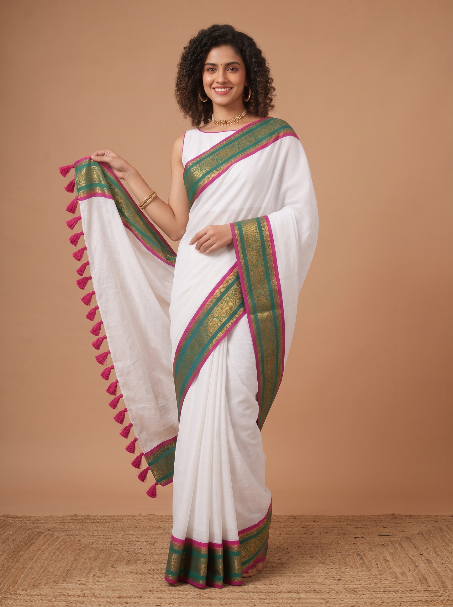 A woman modeling a white silk saree with green and magenta borders, standing against a solid tan studio backdrop.