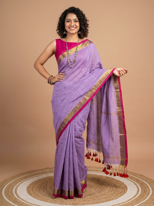 A woman models a lavender purple silk saree with a pink and gold border, paired with a bright pink blouse, standing on a round woven mat against a solid beige background.