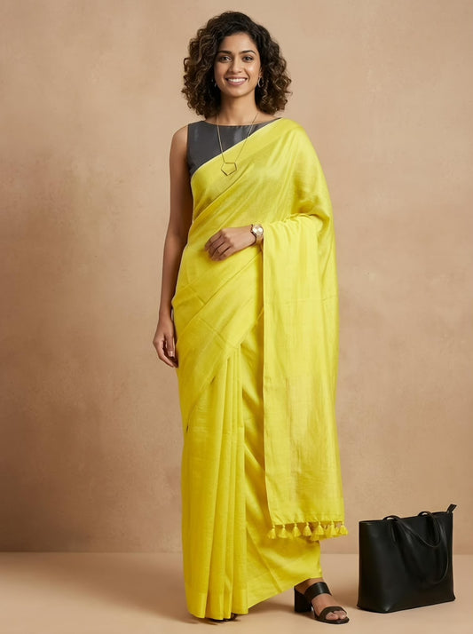 A woman models a bright yellow saree with a dark gray sleeveless blouse, standing against a textured beige backdrop next to a black handbag.