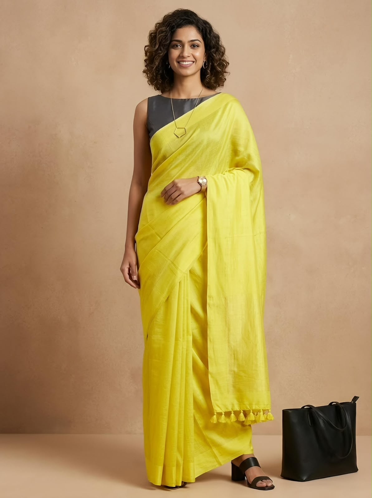 A woman models a bright yellow saree with a dark gray sleeveless blouse, standing against a textured beige backdrop next to a black handbag.