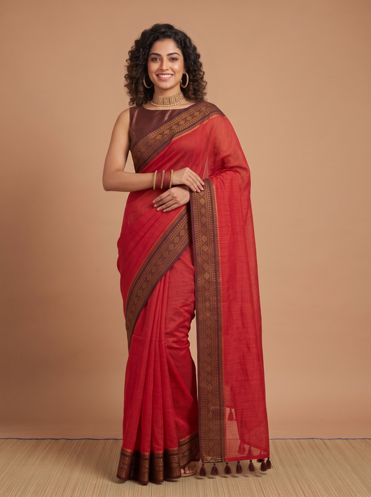 A woman modeling a red saree with a brown and gold patterned border and a solid brown blouse, standing against a solid beige studio background.