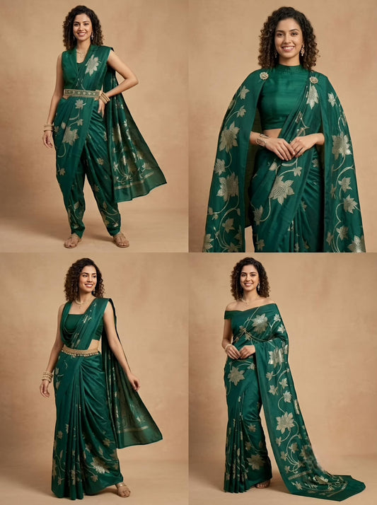 A four-panel studio collage showing a woman modeling a dark green saree with beige floral motifs and a matching sleeveless blouse. The background is a solid warm beige studio backdrop.