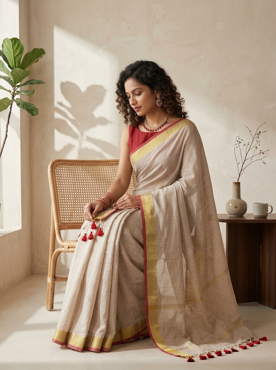 A woman seated on a rattan chair wearing a light beige saree with a red blouse, gold border, and red tassel accents, in a softly lit indoor setting with a plant and side table.