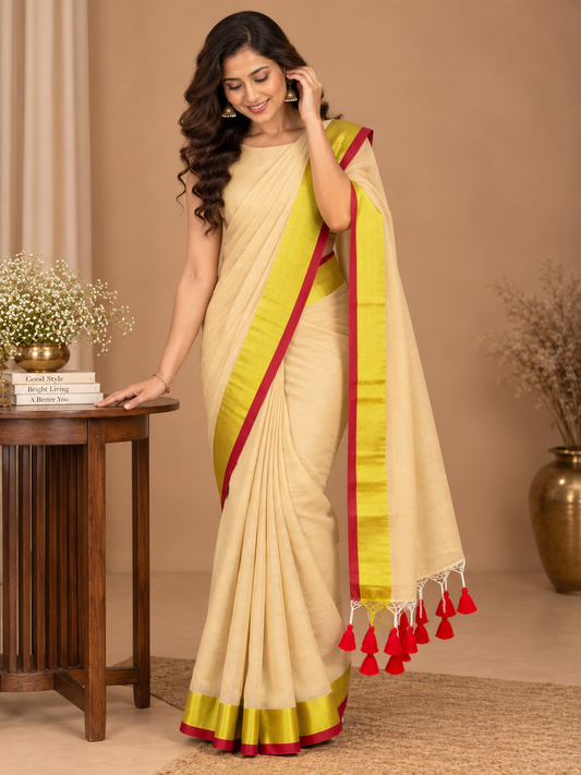A woman models a cream-colored saree with a bright yellow-green border and red trim, standing in a warm beige studio setting next to a wooden side table.