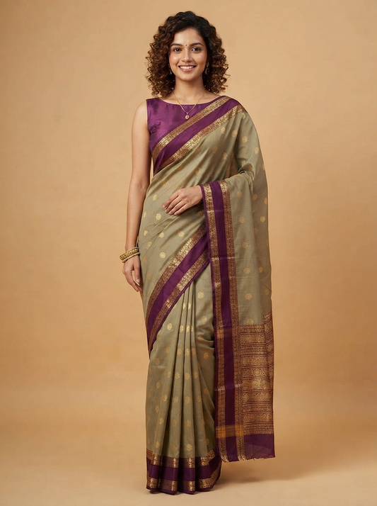 A woman modeling a traditional Indian saree in olive green with a deep purple border and blouse, set against a solid beige studio background.