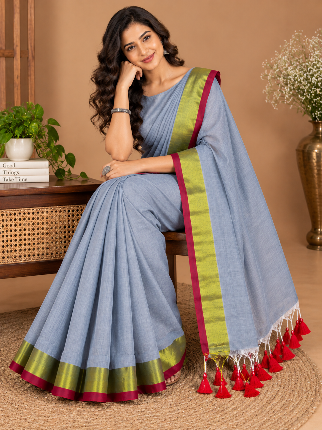 A woman seated indoors wearing a light blue saree with a lime green and magenta border and red tassels, posed in a warm neutral room with a bench, plants, and a vase.