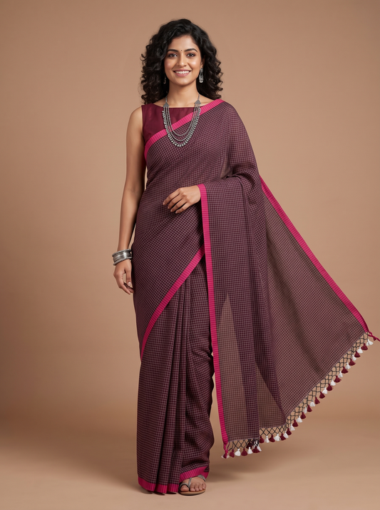 A woman modeling a deep maroon purple cotton saree with a fine white checkered pattern, bright pink borders, and a matching pink blouse, set against a solid tan studio background.