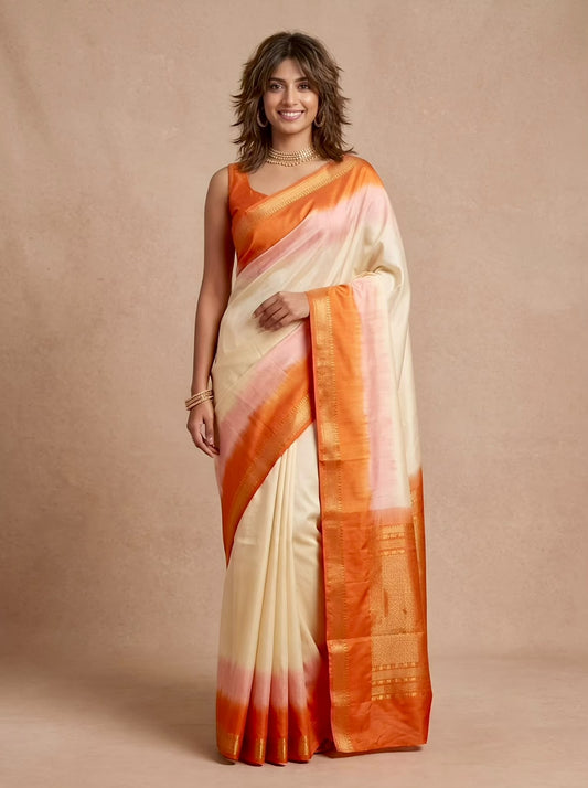 A woman modeling a cream-colored silk saree with orange and pink tie-dye patterns and a wide orange border, set against a solid beige studio backdrop.
