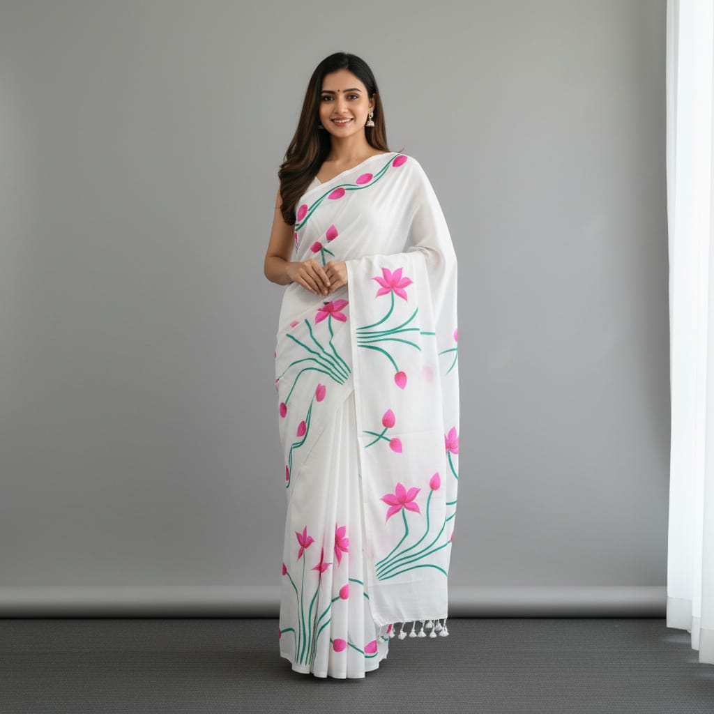 A woman modeling a white saree with a pink and green floral print, standing against a plain gray studio background.
