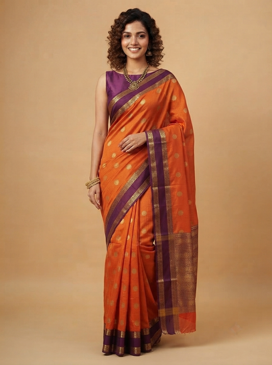 A woman modeling an orange and purple silk saree with gold zari motifs, standing against a solid beige studio background.