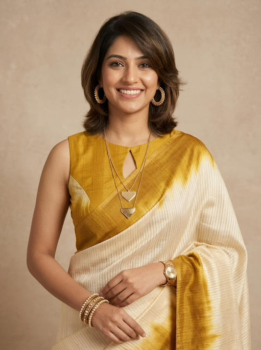 A woman wearing a mustard yellow and off-white tie-dye saree with a sleeveless blouse, styled with gold jewelry against a neutral beige background.