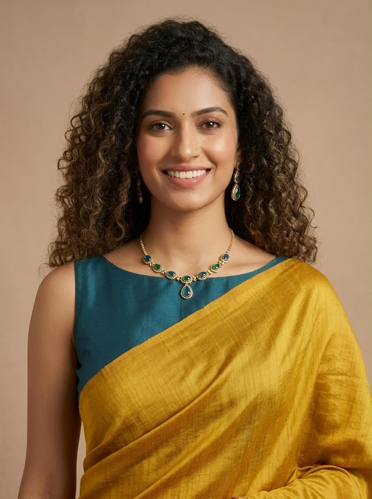 A woman with curly dark hair wearing a mustard yellow and teal draped sari with a matching gold necklace and earrings, posed against a solid beige background.