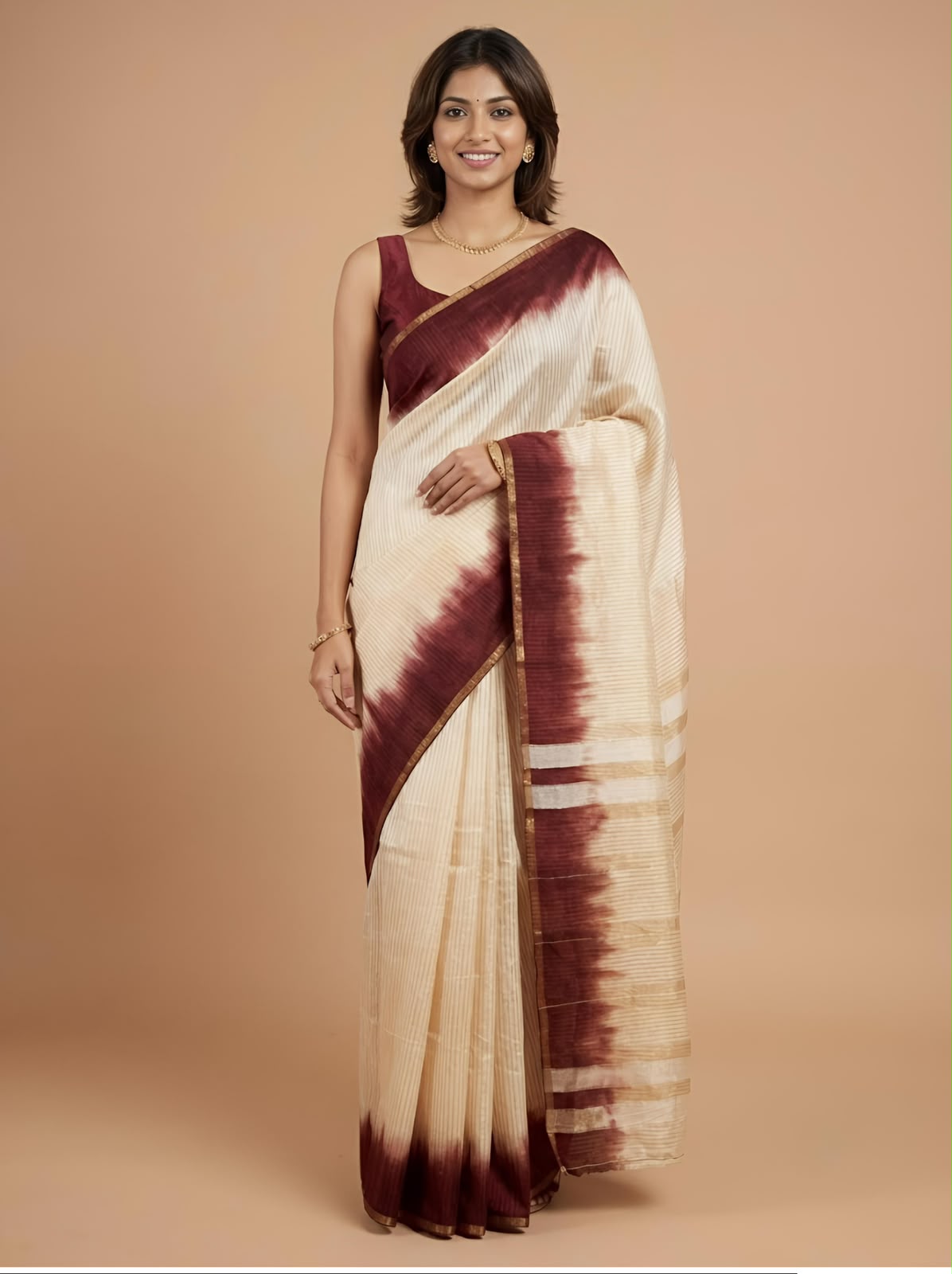A woman modeling a cream-colored silk saree with a deep maroon tie-dye border and matching blouse, set against a solid beige studio background.