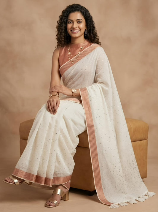 A woman seated on a tan upholstered bench wearing a white saree with peach-pink border stripes and a matching sleeveless blouse, photographed against a warm beige studio backdrop.