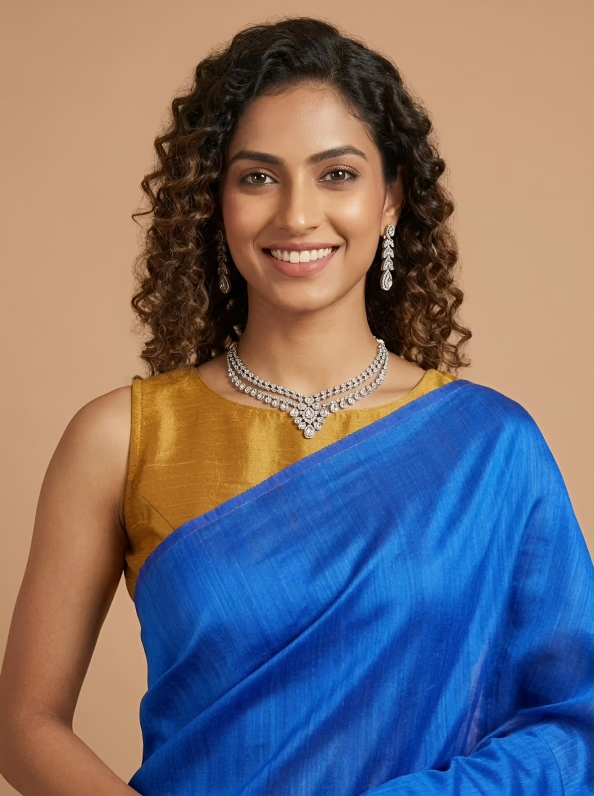 A woman with curly dark hair wearing a royal blue sari with a gold blouse, styled with a silver necklace and earrings, set against a solid beige background.