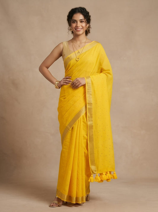 A woman modeling a bright yellow saree with a gold border and tassel details, standing against a neutral beige studio backdrop.
