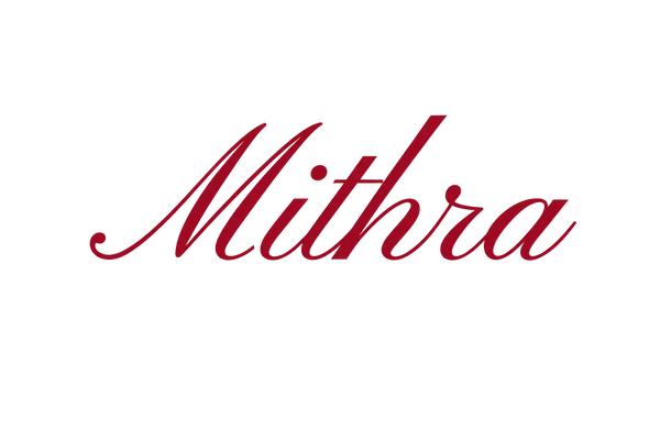 A centered brand logo reading 'HOUSE OF Mithra' with 'Sarees and ethnic wear' underneath on a plain white background.