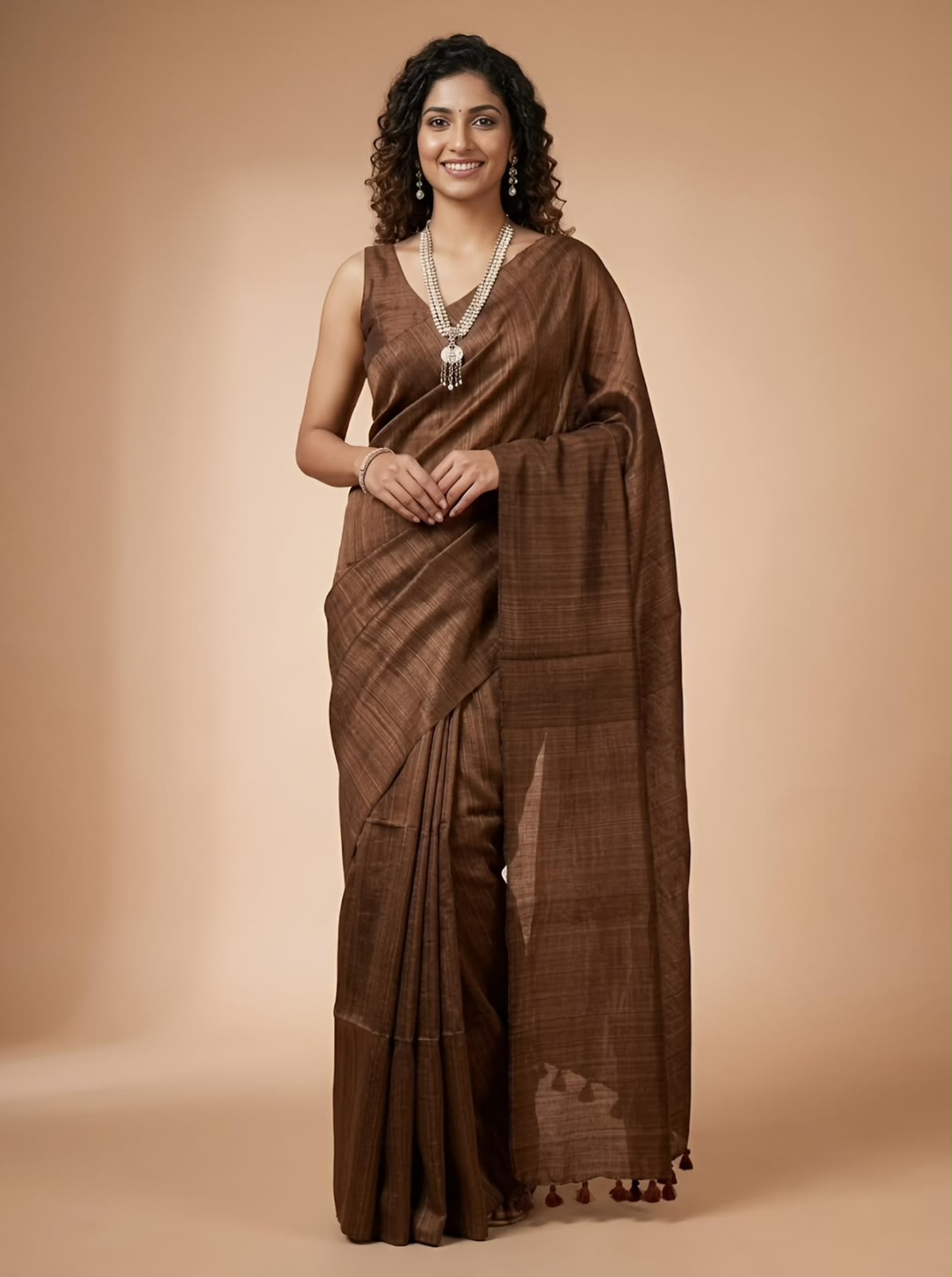 A woman modeling a brown silk saree with a matching sleeveless blouse, standing against a solid beige studio background.