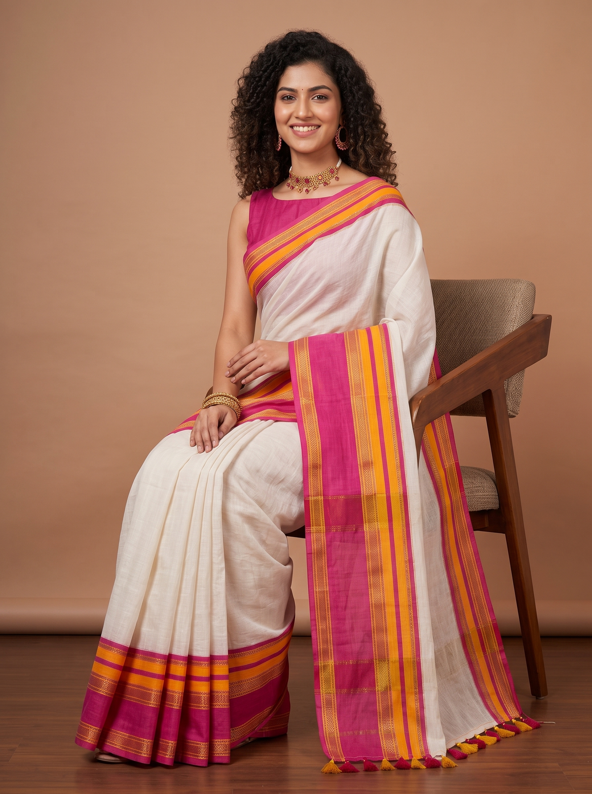 A woman seated on a wooden chair wearing a white silk saree with vibrant magenta pink and yellow stripes, set against a solid warm beige studio background.