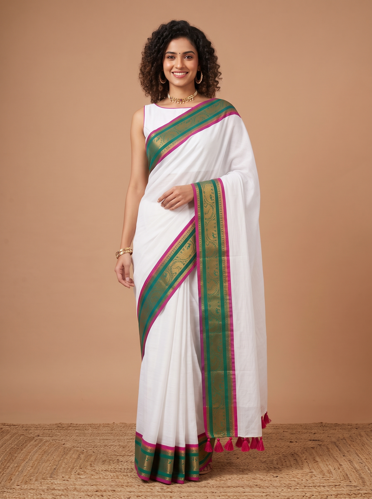 A woman modeling a white saree with a green and magenta border, paired with a white sleeveless blouse, set against a solid beige studio background.