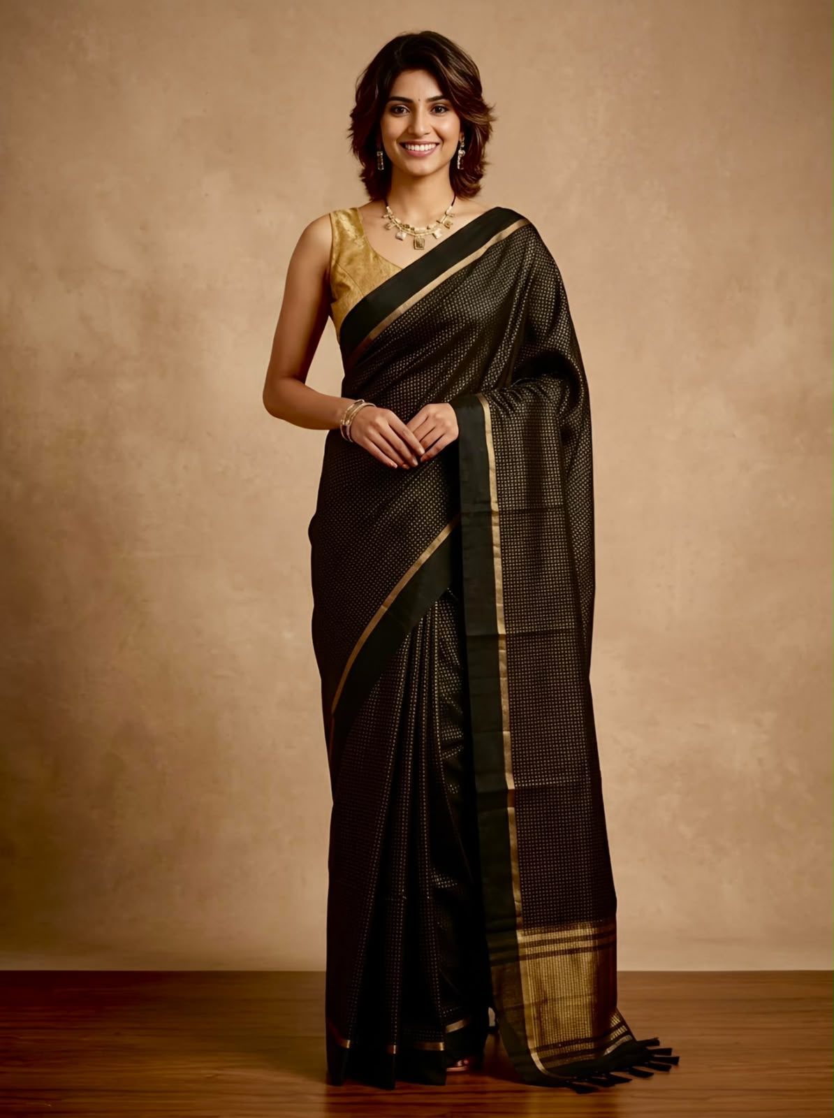A woman modeling a black silk saree with a gold border and a gold blouse, standing against a textured brown studio backdrop.
