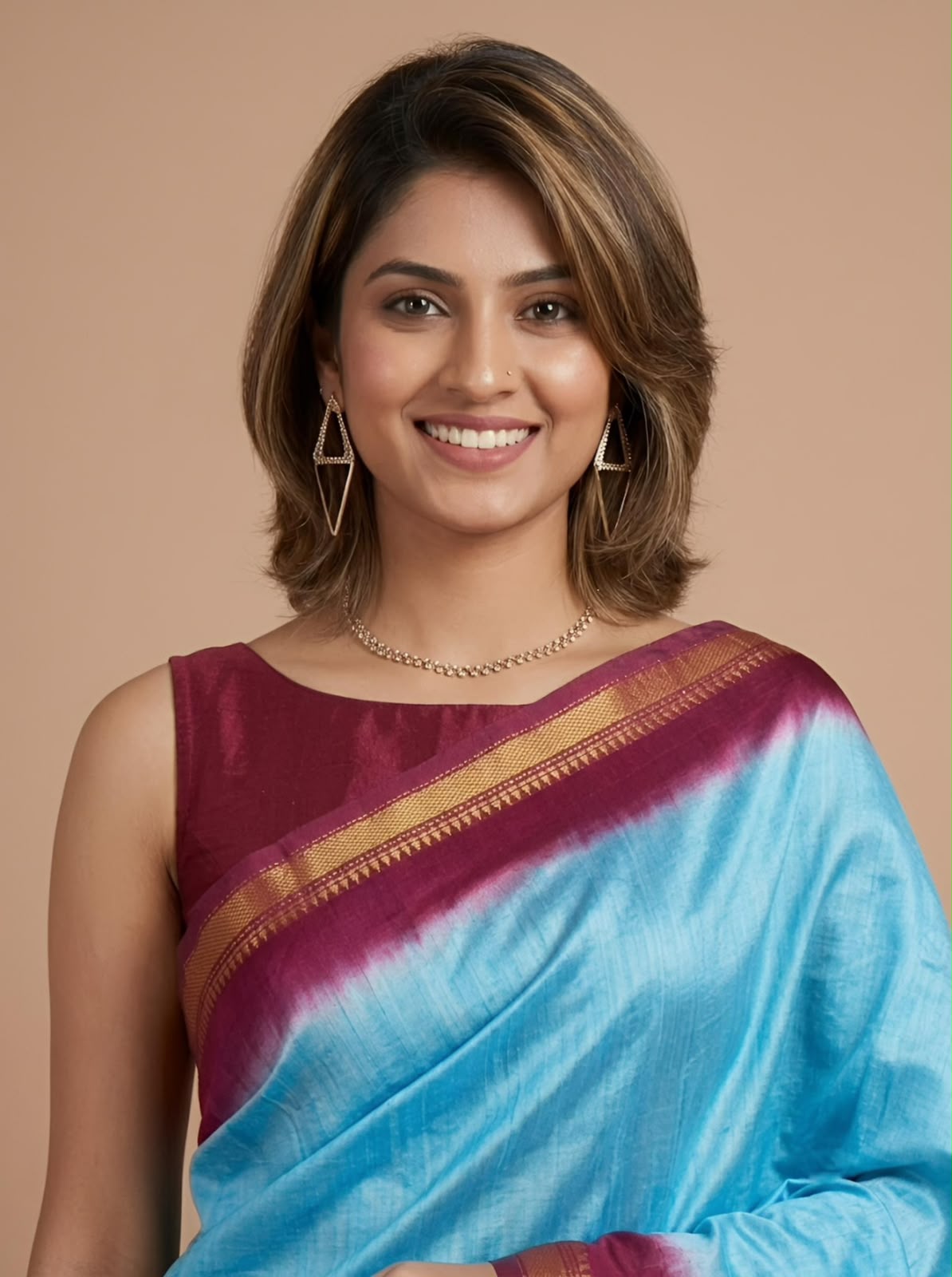 A woman wearing a light blue and magenta tie-dye saree with a gold border and a solid magenta blouse, set against a solid beige background.
