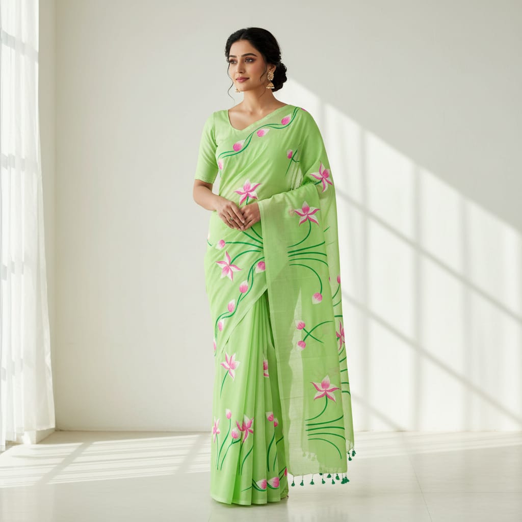 A woman models a light green saree with pink floral and green vine embroidery, standing in a bright room with soft window shadows.