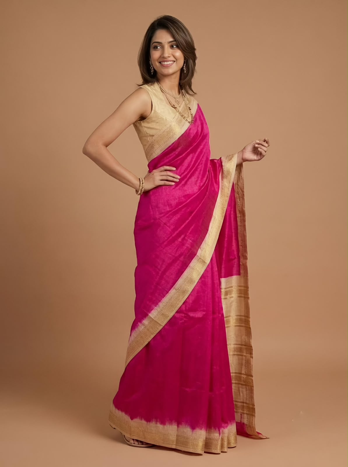 A woman modeling a bright pink silk saree with a gold zari border and a matching gold blouse, set against a solid warm brown studio background.