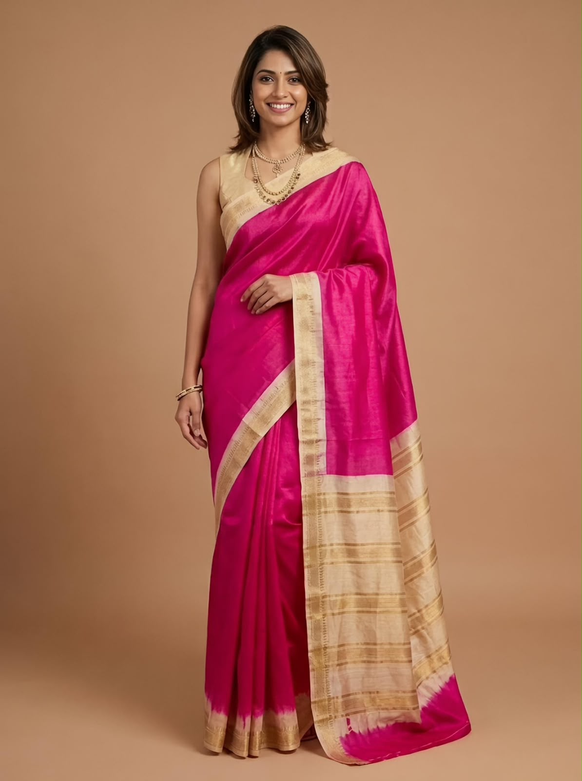 A woman modeling a bright pink silk saree with a beige and gold striped border, paired with a beige blouse, against a solid tan studio background.