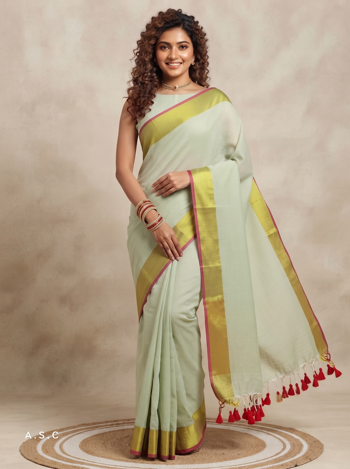 A woman modeling a pale sage green saree with a wide gold zari border and red tassel accents, posed against a neutral beige studio backdrop.