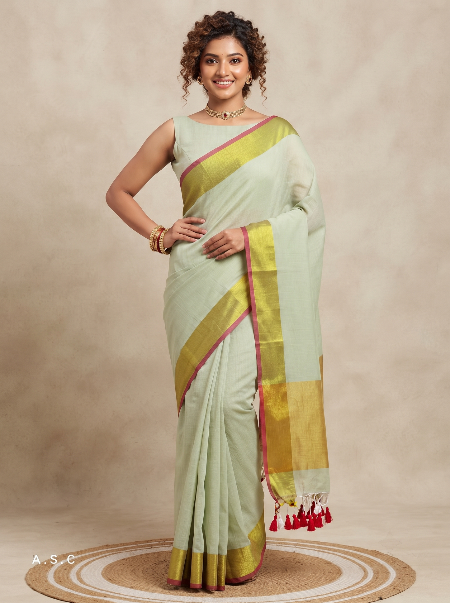 A woman modeling a light sage green saree with a gold and magenta border, standing on a round woven mat against a neutral beige studio backdrop.