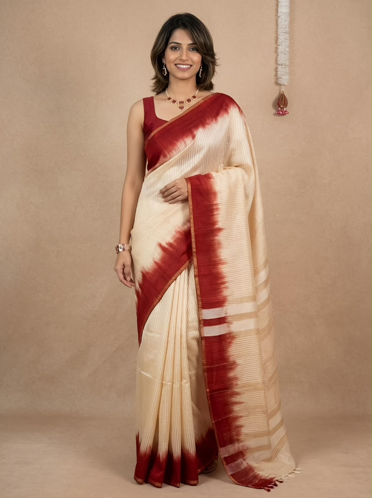 A woman modeling a cream-colored silk saree with a deep red tie-dye border and matching red sleeveless blouse, set against a warm beige textured studio backdrop.