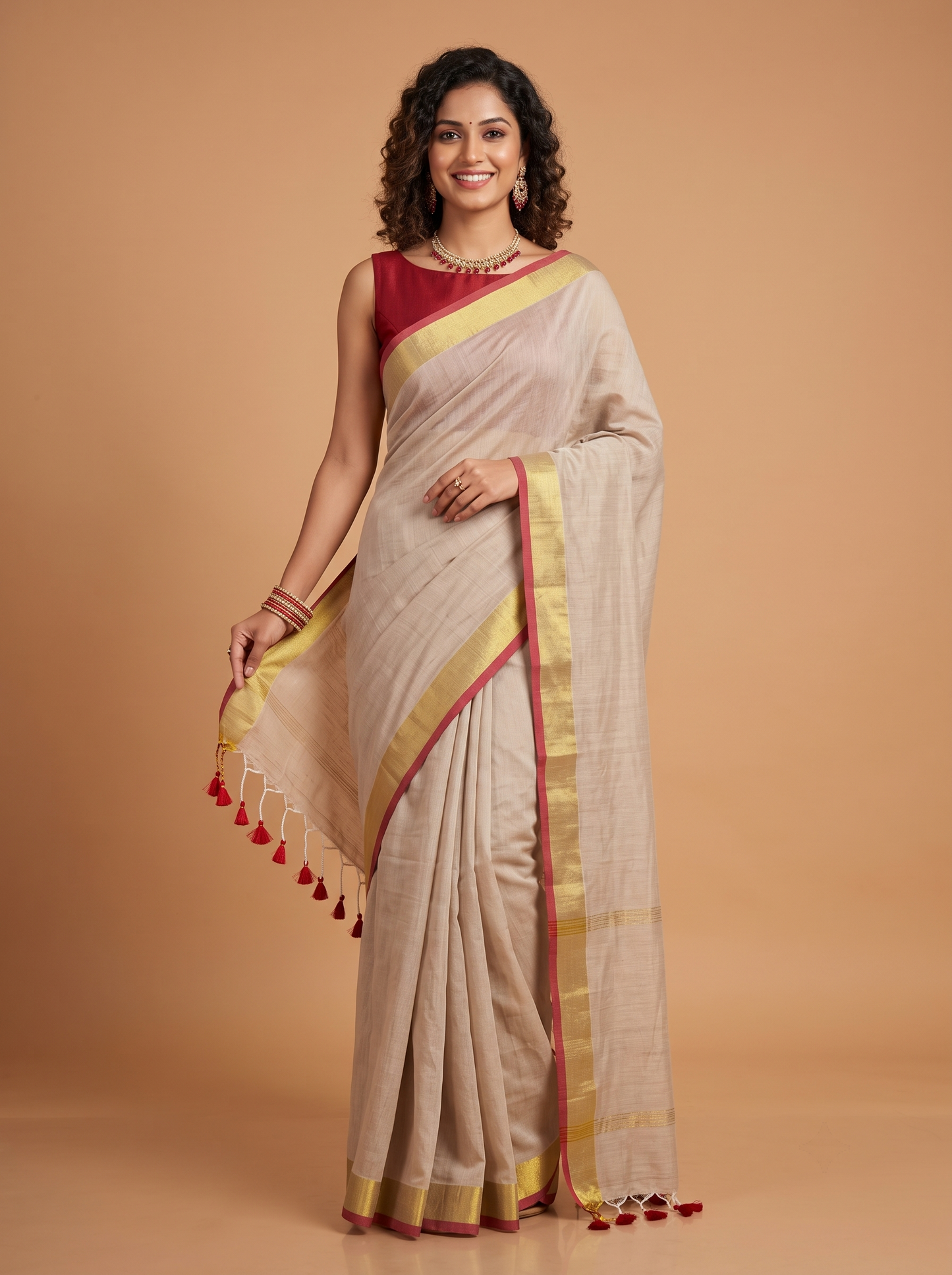 A woman modeling a light beige silk saree with a deep red sleeveless blouse, featuring gold zari borders and red tassels, set against a solid warm beige studio background.
