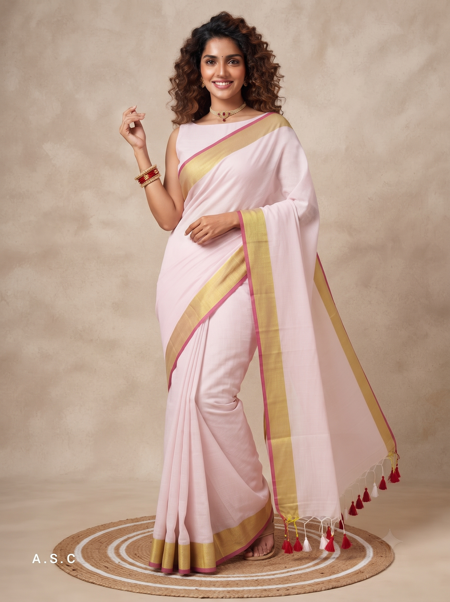 A woman models a light pink saree with gold borders and red tassel accents, standing on a round woven mat against a textured beige backdrop.