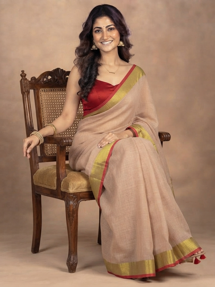 A woman seated on a carved wooden chair wearing a beige saree with a red blouse and gold and red border details, posed against a warm beige studio backdrop.