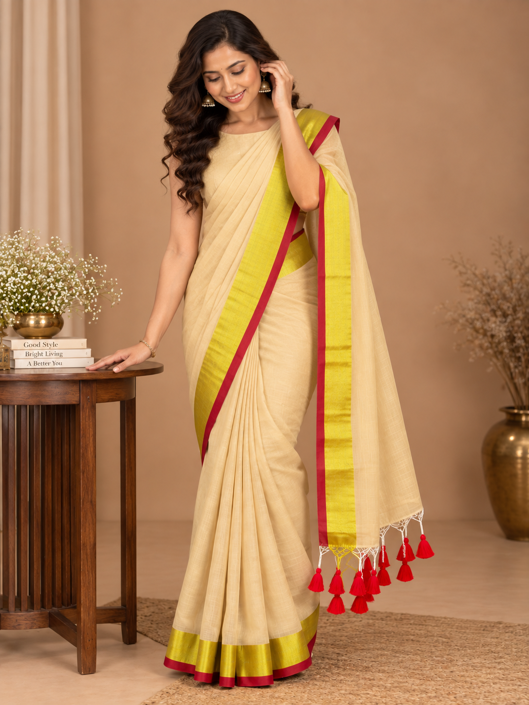A woman models a cream-colored saree with a bright yellow-green border and red trim, standing in a warm beige studio setting next to a wooden side table.