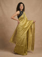 A woman modeling a golden-yellow silk saree with a black sleeveless blouse, standing against a textured beige studio backdrop.