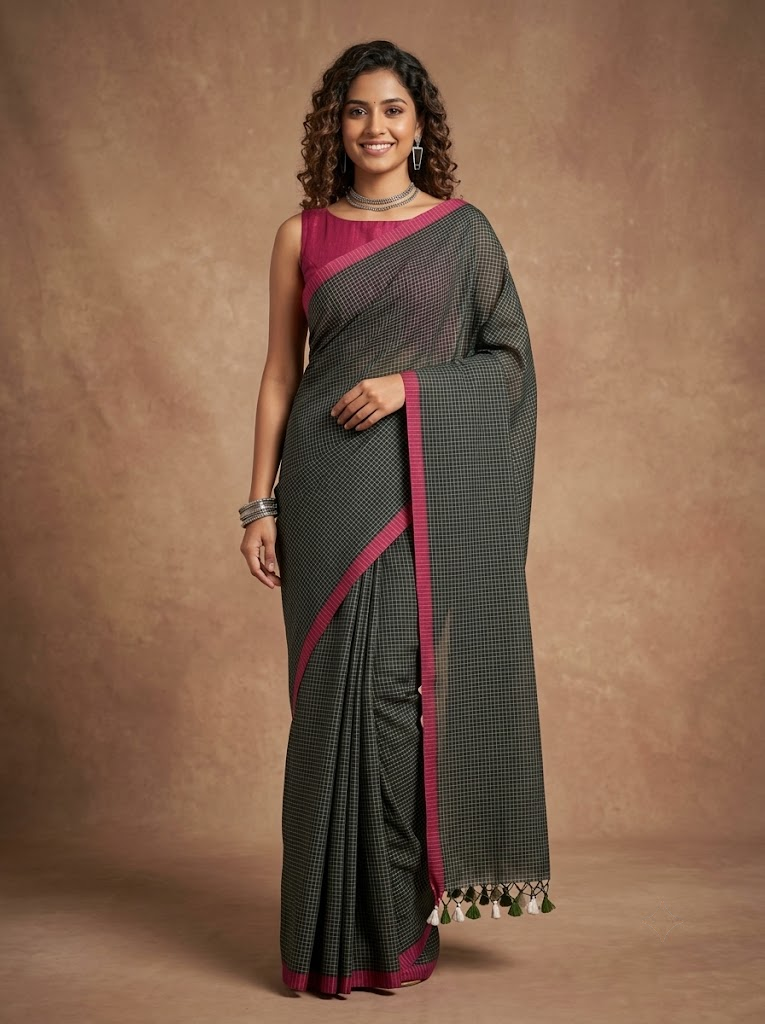 A woman modeling a dark gray and black checkered saree with a vibrant magenta pink border and matching blouse, set against a textured brown studio backdrop.