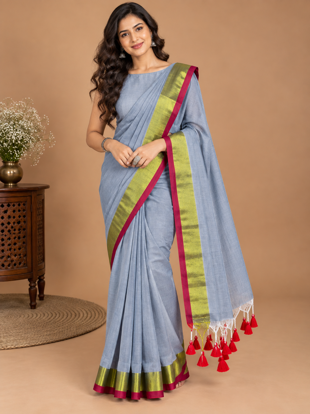 A woman models a light blue saree with a wide olive green and magenta border, featuring red tassels at the end, set against a warm beige background with a wooden side table.