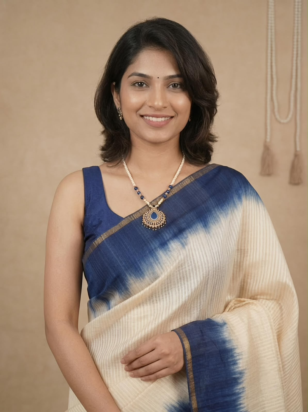 A woman wearing a cream and navy blue tie-dye silk saree with a gold border and a matching pearl necklace with a gold pendant, posed against a neutral beige background.