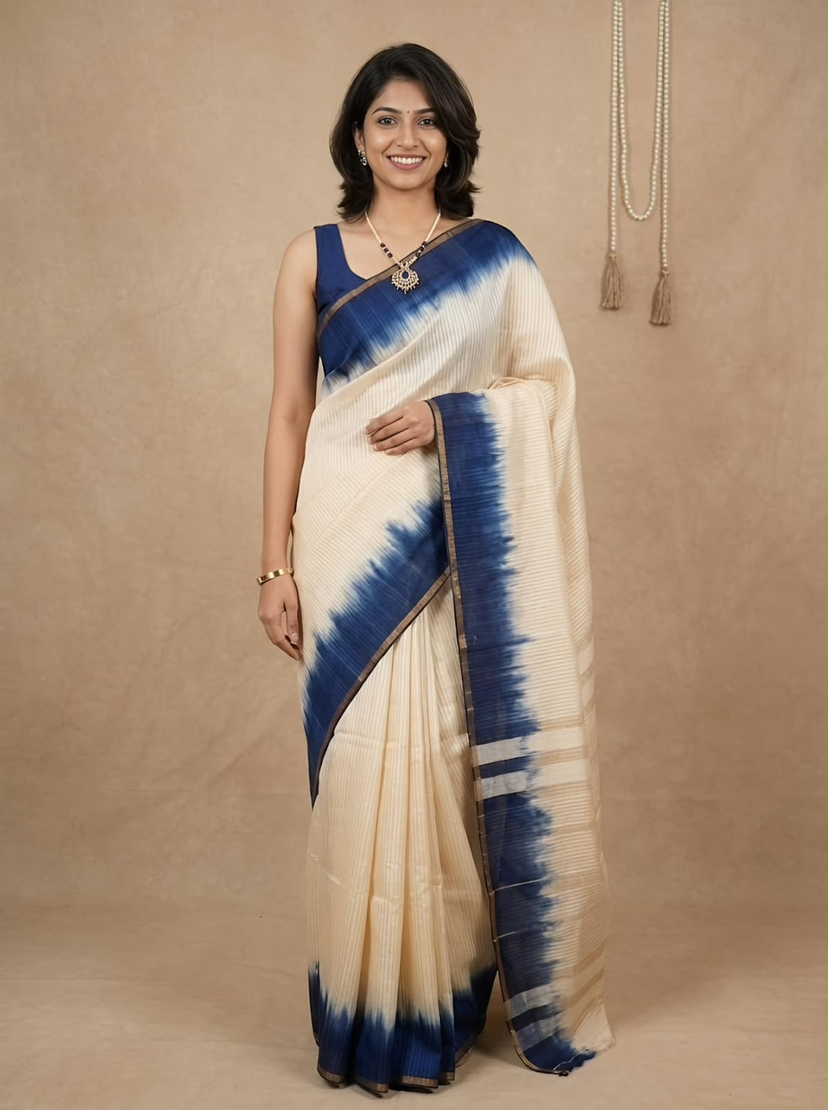 A woman modeling a cream-colored cotton saree with a deep blue tie-dye pattern and a matching blue blouse, standing against a neutral beige backdrop.