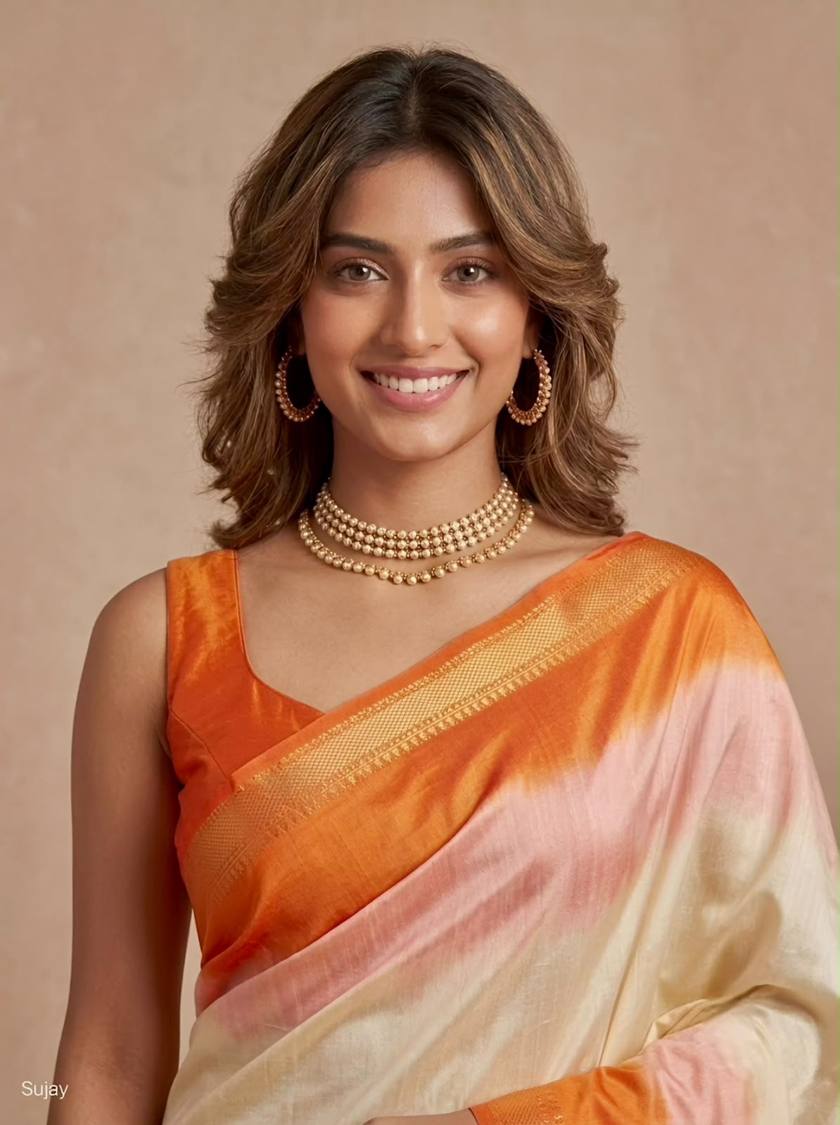 A woman wearing a peach, orange, and cream tie-dye silk saree with a gold zari border, styled with gold jewelry against a solid beige background.